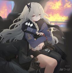  1boy crying female girls&#039;_frontline grey_hair gun highres j_(girls&#039;_frontline) lap_pillow long_hair petting red_eyes smile sp9_(girls&#039;_frontline) stribog_sp9 submachine_gun very_long_hair vinsentyu weapon 