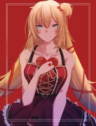  akai_haato akai_haato_(gothic_lolita) bare_arms bare_shoulders blonde_hair blue_eyes bow breasts cleavage dress female hair_between_eyes hair_ornament hair_ribbon heart heart_hair_ornament heart_on_chest highres hololive large_breasts long_hair looking_at_viewer low_twintails official_alternate_costume one_side_up pleated_dress protected_link red_dress ribbon scar scar_on_neck simple_background sleeveless sleeveless_dress smile solo twintails upper_body very_long_hair virtual_youtuber wataron 