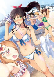  2boys 3girls beach bikini black_hair blue_shorts blue_sky breasts brown_eyes brown_hair character_request cleavage day feet_out_of_frame flower frilled_bikini frills green_bikini hair_flower hair_ornament hattori_mitsuru highres kinme_wakana kirei_ni_shitemoraemasuka lens_flare looking_at_viewer male_swimwear multiple_boys multiple_girls one_eye_closed outdoors pier ponytail purple_shorts red_eyes selfie shorts side-tie_bikini_bottom sky standing swim_trunks swimsuit upper_body wakasagi_kuriru white_bikini 