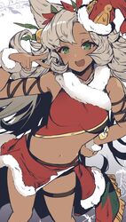  animal_ears blush breasts commentary dark-skinned_female dark_skin erune feet_out_of_frame female gradient_background granblue_fantasy green_eyes grey_hair hand_on_own_hip highres long_hair looking_at_viewer navel nemone nozomu144 oerba_yun_fang official_alternate_costume open_mouth santa_costume skin_fang small_breasts smile solo standing symbol-only_commentary thigh_strap v 