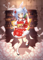  alcohol alternate_costume animal_ear_fluff animal_ear_legwear animal_ears ankle_socks bar_(place) bartender belt blue_hair blurry blurry_background bottle bow collarbone commentary_request don-chan_(usada_pekora) double_bun female frills geta hair_bun hair_ornament highres hololive japanese_clothes kimono large_bow long_hair moritatsu obi official_alternate_costume official_alternate_hairstyle rabbit_ear_legwear rabbit_ears red_eyes sash snow_print socks solo tabi thick_eyebrows usada_pekora usada_pekora_(new_year) virtual_youtuber whiskey white_socks yellow_belt yellow_bow yukata 