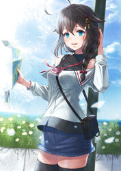  ahoge alternate_costume bad_id bad_pixiv_id bag bird black_thighhighs blue_skirt blue_sky blush braid breasts brown_hair casual cloud commentary_request female flower gradient_sky hair_between_eyes hair_flaps hair_ornament hair_over_shoulder highres kantai_collection long_hair map miniskirt ocean open_mouth outdoors plant sasebo seagull shigure_(kancolle) shigure_kai_ni_(kancolle) sho_(sumika) single_braid skirt sky small_breasts smile solo thighhighs traditional_media 