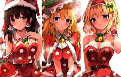  3girls alice_margatroid alternate_breast_size alternate_costume arm_behind_head bare_shoulders bell belt belt_buckle blonde_hair blue_eyes blush bow breasts brown_belt brown_eyes brown_hair buckle capelet christmas christmas_ornaments collarbone detached_sleeves dress frilled_ribbon frills fur-trimmed_dress fur-trimmed_hairband fur-trimmed_headwear fur_cuffs fur_trim green_bow green_ribbons hair_bell hair_between_eyes hair_ornament hairband hairbow hakurei_reimu hand_in_own_hair hand_up heart heart-shaped_buckle highres kirisame_marisa large_breasts long_hair multiple_girls neck_ribbon off-shoulder_dress off_shoulder open_mouth pom_pom_(clothes) red_dress red_hairband ribbon santa_costume shangurira short_hair shy sidelocks simple_background steam touhou wavy_hair white_background wrist_cuffs 