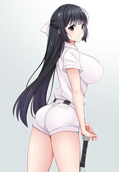  baseball_bat baseball_uniform black_hair bow breasts commentary_request female gabao_(mattari_2019) hairbow large_breasts long_hair oomura_shiragiku red_eyes short_sleeves shorts solo sportswear tamayomi very_long_hair white_bow 