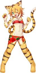  :3 alternate_costume animal_ears ass_visible_through_thighs bare_shoulders barefoot bikini blonde_hair blush breasts cat_ears cat_tail claws collarbone commentary_request female floral_print full_body furry furry_female green_eyes halterneck hands_up happy highres jpeg_artifacts kida_kuro_mu legs_apart looking_to_the_side mia_(world_flipper) multicolored_hair navel oerba_yun_fang one_eye_closed open_mouth pawpads red_bikini red_sarong sarong shiny_clothes short_hair simple_background small_breasts smile solo standing stomach striped_fur striped_tail swimsuit tail two-tone_hair white_background white_hair world_flipper 