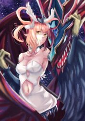  absurdres armored_animal bare_shoulders black_wings breasts claws cleavage clothing_cutout dragon duel_monster feathered_wings feathers female hair_rings harpie&#039;s_pet_dragon harpie_channeler harpy highres holding holding_staff long_hair looking_at_viewer monster_girl navel navel_cutout orange_hair parted_lips pointy_ears repurika staff talons twintails winged_arms wings yellow_eyes yu-gi-oh! 