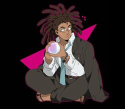  1boy alternate_hairstyle bad_id bad_twitter_id belt black_background black_jacket black_pants brown_belt brown_hair collared_shirt commentary danganronpa_(series) danganronpa_3_(anime) dark-skinned_male dark_skin dress_shirt facial_hair formal glasses hagakure_yasuhiro hands_up holding indian_style jacket long_hair male_focus moosopp necktie pants pink_background round_eyewear sandals shirt sitting solo stubble sweat symbol-only_commentary two-tone_background white_shirt 