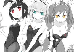  3girls aimusu amano_pikamee animal_ears annoyed bird black_hairband bow bowtie breasts cleavage detached_collar embarrassed fire fishnets green_eyes gyari_(bird) hair_behind_ear hairband head_tilt highres hikasa_tomoshika holding holding_tray jitomi_monoe laughing leaning_forward leotard looking_at_viewer looking_down looking_to_the_side medium_breasts monochrome multiple_girls pantyhose playboy_bunny rabbit_ears rabbit_tail red_eyes small_breasts spot_color tail tray virtual_youtuber voms wrist_cuffs yellow_eyes 