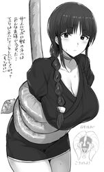  1boy bleach blunt_bangs bondage bondage bound braid breasts choker closed_mouth collarbone female greyscale hanging_breasts highres hotate-chan japanese_clothes kimono kurotsuchi_mayuri kurotsuchi_nemu long_hair looking_at_viewer monochrome parted_bangs short_kimono simple_background sweat thighs translation_request 