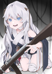  blood blood_bag blue_eyes blue_nails e_draw_paint female girls&#039;_frontline gun highres intravenous_drip kneeling long_hair ribeyrolles_(girls&#039;_frontline) ribeyrolles_1918 rifle solo trigger_discipline very_long_hair weapon white_hair 