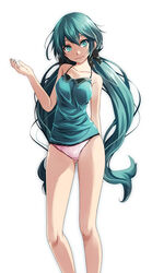  aqua_eyes arm_behind_back ass_visible_through_thighs black_bow blue_hair blue_nails blue_shirt bow closed_mouth collarbone commentary female floating_hair green_ponpoko_(module) hair_between_eyes hairbow hatsune_miku head_tilt highres kunoichi_demo_koi_ga_shitai_(vocaloid) long_hair looking_at_viewer nail_polish panties photoshop_(medium) pink_panties project_diva_(series) shirt simple_background sleeveless sleeveless_shirt smile solo spaghetti_strap standing tsukishiro_saika twintails underwear very_long_hair vocaloid white_background 