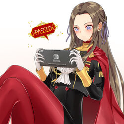  absurdres alternate_hair_color ascot blue_eyes blush breasts brown_hair cape commentary_request controller edelgard_von_hresvelg female fire_emblem fire_emblem:_three_houses game_console game_controller garreg_mach_monastery_uniform gloves hair_ornament hair_ribbon handheld_game_console highres holding holding_handheld_game_console joy-con long_hair nintendo_switch nintendo_switch_lite pantyhose playing_games red_cape ribbon septoleaf simple_background smile solo spoilers uniform white_background 