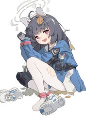  @_@ absurdres ahoge ankle_cuffs binoculars black_gloves black_hair blue_archive blue_serafuku blue_shirt blue_skirt blush cuffs dirty dirty_clothes female gloves halo handcuffs headgear highres iyasu_shikaku knee_pads leaf leaf_on_head looking_at_viewer miyu_(blue_archive) pantyhose pleated_skirt red_eyes sailor_collar scared school_uniform serafuku shirt shoe_loss shoes single_knee_pad single_shoe skirt solo torn_clothes torn_pantyhose white_background white_pantyhose white_sailor_collar 