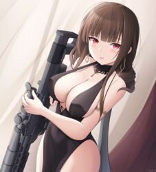  anti-materiel_rifle armlet bare_arms bare_shoulders black_choker black_dress black_hair bolt_action breasts bullpup choker cleavage collarbone commentary_request cowboy_shot dress dsr-50 dsr-50_(girls&#039;_frontline) dsr-50_(highest_bid)_(girls&#039;_frontline) earrings female girls&#039;_frontline gun halter_dress halterneck highres holding holding_gun holding_weapon jewelry keenh large_breasts long_hair looking_at_viewer name_connection object_namesake official_alternate_costume parted_lips pelvic_curtain plunging_neckline red_eyes rifle scope sidelocks sleeveless sleeveless_dress sniper_rifle solo standing strap_gap thighs weapon 