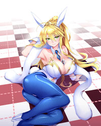  absurdres animal_ears artoria_pendragon_(fate) artoria_pendragon_(swimsuit_ruler)_(fate) ass bare_shoulders between_breasts blonde_hair blue_necktie blue_pantyhose blush braid breasts card checkered_floor cleavage closed_mouth clothing_cutout commentary_request detached_collar fantia_reward fate/grand_order fate_(series) female fishnet_pantyhose fishnets french_braid green_eyes hair_between_eyes highres large_breasts leotard long_hair looking_at_viewer navel navel_cutout necktie oohira_sunset paid_reward pantyhose playboy_bunny playing_card ponytail rabbit_ears rabbit_tail sidelocks smile solo tail thighs tiara white_leotard wrist_cuffs 