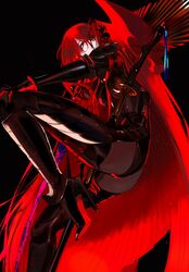  absurdres armored_boots ass black_background black_bodysuit black_pantyhose bodysuit boots bracelet breasts cape ddlcclia fate/grand_order fate_(series) female foot_out_of_frame from_side hair_over_one_eye hand_on_own_leg high_heel_boots high_heels highres holding holding_sword holding_weapon invisible_chair jewelry katana knee_up large_breasts leg_up long_hair looking_at_viewer oda_nobunaga_(fate) oda_nobunaga_(maou_avenger)_(fate) one_eye_covered pantyhose popped_collar red_cape red_eyes red_hair sidelocks sitting solo sword very_long_hair weapon 