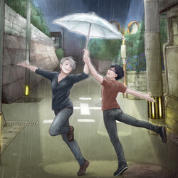  2boys ^_^ black_hair blue-framed_eyewear closed_eyes commentary dancing denim flower glasses grey_hair highres hydrangea jeans katsuki_yuuri male_focus manhole multiple_boys open_mouth outdoors pants rain road shared_umbrella shirt smile spotlight standing standing_on_one_leg street t-shirt takeshi_(mononohu20) umbrella viktor_nikiforov yuri!!!_on_ice 