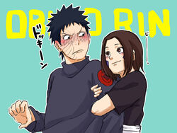  1boy bad_id bad_pixiv_id black_eyes black_hair blush brown_hair character_name closed_mouth facepalm female forehead green_background highres holding_another&#039;s_arm long_sleeves looking_at_another naruto_(series) naruto_shippuuden nohara_rin pinoko_(pnk623) short_hair short_sleeves simple_background smile uchiha_obito 