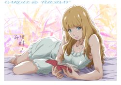  aqua_eyes bare_legs bare_shoulders barefoot blunt_bangs book carole_&amp;_tuesday commentary copyright_name dated female freckles full_body highres holding holding_book light_brown_hair lipstick long_hair looking_at_viewer loungewear lying makeup nail_polish nii_manabu on_bed on_side open_book reading signature smile solo tuesday_simmons 