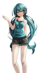  aqua_eyes arm_behind_back black_bow black_shorts blue_hair blue_nails blue_shirt bow closed_mouth collarbone commentary female floating_hair green_ponpoko_(module) hair_between_eyes hairbow hatsune_miku head_tilt highres kunoichi_demo_koi_ga_shitai_(vocaloid) long_hair looking_at_viewer nail_polish photoshop_(medium) project_diva_(series) shirt short_shorts shorts simple_background sleeveless sleeveless_shirt smile solo spaghetti_strap standing tsukishiro_saika twintails very_long_hair vocaloid white_background 