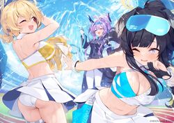  3girls :d ;d ;o ^^^ animal_ears armpits ass bare_arms bare_back bare_shoulders black_hair blonde_hair blue_archive blue_shirt blunt_bangs braid breasts character_name cheerleader cleavage clothes_lift cloud cloudy_sky collared_shirt commentary criss-cross_halter crop_top crown_braid detached_collar dog_ears dog_girl engineering_department_(blue_archive) eyewear_on_head floating_headgear gakuran gloves goggles goggles_on_head grey_eyes hair_between_eyes hairband halo halterneck headgear hibiki_(blue_archive) hibiki_(cheer_squad)_(blue_archive) holding holding_hose holding_pom_poms hose kotori_(blue_archive) kotori_(cheer_squad)_(blue_archive) large_breasts long_hair looking_at_another low_twintails medium_breasts medium_hair midriff millennium_cheerleader_outfit_(blue_archive) miniskirt multiple_girls navel official_alternate_costume official_art one_eye_closed open_mouth outdoors outstretched_arm panties partially_fingerless_gloves pleated_skirt pom_pom_(cheerleading) ponytail red_eyes sankyaku_tako school_uniform shirt sidelocks skindentation skirt skirt_lift sky sleeveless sleeveless_shirt smile spaghetti_strap stomach sunglasses thighs twintails two-tone_shirt underwear utaha_(blue_archive) utaha_(cheer_squad)_(blue_archive) v-shaped_eyebrows water wet wet_clothes white_panties white_shirt white_skirt wind wind_lift yellow_shirt 