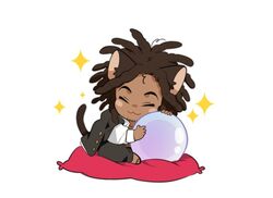  1boy :3 animal_ears bad_id bad_twitter_id brown_hair cat_ears cat_tail chibi closed_eyes closed_mouth collared_shirt commentary danganronpa_(series) danganronpa_3_(anime) dark_skin hagakure_yasuhiro holding jacket jacket_on_shoulders long_hair long_sleeves male_focus moosopp pillow shirt simple_background sitting solo sparkle sparkle_background symbol-only_commentary tail white_background white_shirt 