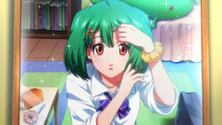  adjusting_hair bad_link bedroom female game_cg green_hair hair_ornament hairclip indoors macross macross_frontier macross_frontier:_sayonara_no_tsubasa mirror official_art oosanshouuo-san ranka_lee red_eyes school_uniform scrunchie short_hair solo uta_macross_sumaho_deculture wrist_scrunchie 