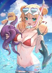  :d absurdres akai_haato alternate_hairstyle animal aqua_eyes bikini blonde_hair blue_shorts blush breasts cleavage cloud cloudy_sky collarbone commentary_request day double_bun female fish haaton_(akai_haato) hair_between_eyes hair_bun hair_ornament hair_ribbon heart heart-shaped_eyewear heart_hair_ornament highres holding holding_animal holding_fish hololive ichihachiyon long_hair looking_at_viewer medium_breasts micro_shorts nail_polish navel ocean octopus open_mouth outdoors pink_nails red_bikini red_ribbon ribbon shark shorts sky smile snorkel standing stomach string_bikini swimsuit virtual_youtuber wading water 