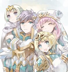  1boy 3girls armor blonde_hair blue_eyes blunt_bangs blush brother_and_sister closed_eyes closed_mouth earrings fire_emblem fire_emblem_heroes fjorm_(fire_emblem) fur_trim group_hug gunnthra_(fire_emblem) hair_ornament highres hrid_(fire_emblem) hug hukashin jewelry multiple_girls open_mouth pink_hair purple_eyes shoulder_armor siblings sisters white_background white_hair ylgr_(fire_emblem) 