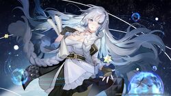  absurdres black_gloves blue_eyes blue_hair breasts cleavage commentary_request cowboy_shot dress fei_(songyijie) female fingerless_gloves frilled_dress frills girls&#039;_frontline girls&#039;_frontline_neural_cloud gloves grey_hair hand_on_own_chest highres hubble_(neural_cloud) jewelry large_breasts long_hair looking_at_viewer multicolored_hair necklace orbital_path orbited second-party_source solo space star_(sky) wide_sleeves 