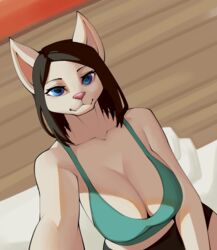  absurd_res anthro big_breasts black_hair blue_eyes breasts cleavage clothed clothing crop_top dziero felid feline female green_clothing green_crop_top green_shirt green_topwear hair hi_res looking_at_viewer mammal midriff shirt short_pants solo tank_top topwear white_body 