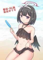  :q bare_arms bare_shoulders bikini black_bikini black_choker black_hair black_wings blue_archive choker closed_mouth collarbone commentary_request feathered_wings female food frilled_bikini frills hair_ribbon hairband halo halterneck highres holding holding_food low_wings mashiro_(blue_archive) mashiro_(swimsuit)_(blue_archive) navel ocean popsicle purple_eyes red_halo ribbon rumiya9i smile solo swimsuit tongue tongue_out translation_request water white_hairband white_ribbon winged_halo wings 