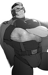  1boy arm_hair bara beard_stubble bulge bulge_lift cross_scar crossed_arms facial_hair feet_out_of_frame framed_crotch goggles gradient_skin greyscale highres kansuke_(kansuke_717) large_bulge large_pectorals live_a_hero male_focus mature_male monochrome multicolored_hair muscular muscular_male pectoral_lift pectorals scar scar_on_cheek scar_on_face scar_on_forehead short_hair solo spot_color streaked_hair stubble suspenders thick_thighs thighs tusks undercut yoshiori_(live_a_hero) 