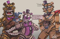  2020 absurd_res animatronic anthro bear belly_mouth bow_tie clothing dialogue digital_media_(artwork) english_text five_nights_at_freddy&#039;s five_nights_at_freddy&#039;s:_security_breach five_nights_at_freddy&#039;s_4 funtime_freddy_(fnafsl) furrllow glamrock_freddy gregory_(fnaf) group hat headgear headwear hi_res human humor lagomorph leporid machine male mammal nightmare_fredbear_(fnaf) puppet puppet_bonnie_(fnafsl) question_mark rabbit robot scottgames sharp_teeth sister_location slightly_chubby slightly_chubby_anthro slightly_chubby_male smile steel_wool_studios teeth text tongue top_hat 