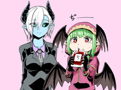  2girls black_horns black_necktie black_sclera black_suit black_wings blood blood_bag blue_skin breasts colored_sclera colored_skin demon_horns demon_wings formal green_eyes green_hair head_wings hood horns kuma_yasuhisa large_breasts lizette_(mazohaha) multiple_girls musuko_ga_kawaikute_shikatanai_mazoku_no_hahaoya necktie pink_background pointy_ears purple_shirt red_eyes shirt short_hair smile suit teresa_(mazohaha) vampire white_hair wings 