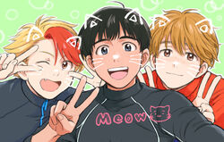  3boys :d ;d animal_ears black_hair blonde_hair brown_eyes brown_hair cat_ears commentary_request double_v english_text freckles grey_eyes jacket ji_guang-hong male_focus minami_kenjirou multicolored_hair multiple_boys oerba_yun_fang one_eye_closed open_mouth phichit_chulanont red_hair selfie smile takeshi_(mononohu20) track_jacket two-tone_hair upper_body v v_over_eye whiskers yuri!!!_on_ice 