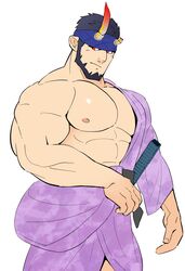  1boy :/ abs alternate_costume bara bare_pectorals beard broken_horn demon_boy demon_horns facial_hair feet_out_of_frame glaring hadanugi_dousa headband highres horns japanese_clothes kansuke_(kansuke_717) kimono large_pectorals live_a_hero looking_to_the_side male_focus mature_male muscular muscular_male nessen_(live_a_hero) nipples pectorals purple_kimono red_eyes samurai sheath sheathed short_hair single_bare_shoulder solo 