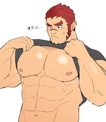  1boy abs akashi_(live_a_hero) bara bare_pectorals black_shirt blush bouncing_pecs clothes_lift facial_hair goatee highres kansuke_(kansuke_717) large_pectorals lifting_own_clothes live_a_hero long_sideburns looking_at_pectorals male_focus motion_lines muscular muscular_male navel nipples pectoral_focus pectorals red_hair scar scar_on_face scar_on_nose shirt shirt_lift short_hair sideburns solo strongman_waist thick_eyebrows translation_request upper_body 