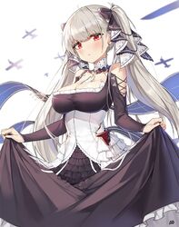  ahoge aircraft airplane aliceblue artist_name azur_lane black_dress blurry blush bow breasts cleavage closed_mouth commentary_request cowboy_shot depth_of_field detached_collar dress earrings female flight_deck formidable_(azur_lane) glint grey_hair hairbow highres jewelry korean_commentary large_breasts long_hair long_sleeves looking_at_viewer md5_mismatch partial_commentary red_eyes simple_background skirt_hold solo twintails very_long_hair white_background 