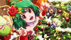  :d brera_sterne christmas christmas_tree detached_collar female flower fur_trim game_cg green_hair hair_ornament macross macross_frontier multicolored_nails nail_polish official_art oosanshouuo-san open_mouth ozma_lee pink_nails poinsettia ranka_lee red_eyes smile third-party_source uta_macross_sumaho_deculture yellow_nails 