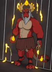  alternate_species anthro asian_mythology avatar:_the_last_airbender beard body_hair bulge cel_shading clothed clothing confident detailed_bulge digital_drawing_(artwork) digital_media_(artwork) dragon east_asian_mythology eastern_dragon facial_hair fire furrification genital_outline happy_trail hi_res iroh kilt long_beard looking_at_viewer male mature_male melting melting_metal muscular muscular_male mythological_creature mythological_scalie mythology navel nickelodeon nipples non-mammal_nipples penis_outline prison prison_cell rev_(artist) scalie shaded solo tail topless 