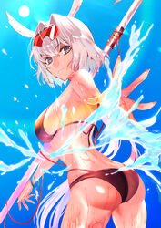  absurdres animal_ears ass bare_shoulders bikini black_bikini black_headwear blue_eyes blue_sky body_markings breasts caenis_(fate) caenis_(swimsuit_rider)_(fate) caenis_(swimsuit_rider)_(first_ascension)_(fate) cleavage collarbone day eyewear_on_head fate/grand_order fate_(series) female hairband harpoon highres large_breasts long_hair looking_at_viewer looking_to_the_side navel sky smile solo sunglasses swimsuit thighs urushimaru0701 very_long_hair water wet white_hair 