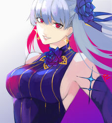  bare_shoulders blue_dress breasts detached_sleeves dress earrings fate/grand_order fate_(series) female flower grey_hair grin hair_flower hair_ornament hair_ribbon highres jewelry kama_(fate) kama_(swimsuit_avenger)_(fate) kama_(swimsuit_avenger)_(third_ascension)_(fate) large_breasts long_hair looking_at_viewer lotus moedredd multicolored_hair purple_hair red_eyes ribbon sideboob smile solo star_(symbol) star_earrings two-tone_hair 