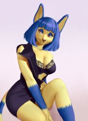  2022 absurd_res animal_crossing ankha_(animal_crossing) anthro black_clothing blue_body blue_fur blue_hair bra breasts brown_eyes brown_nose clothing demongirl_demoness digital_drawing_(artwork) digital_media_(artwork) domestic_cat felid feline felis female fur hair hand_on_leg hi_res mammal multicolored_body multicolored_fur nintendo shaded simple_background solo two_tone_body two_tone_fur underwear yellow_body yellow_fur 