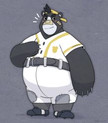  2022 anthro backwards_baseball_cap backwards_hat band-aid bandage baseball_(sport) baseball_cap baseball_uniform bear belly big_belly black_body blush bottomwear brand_new_animal clothing hat headgear headwear hi_res male mammal overweight overweight_male pants runxforest sloth_bear_(brand_new_animal) solo sport sportswear studio_trigger uniform 