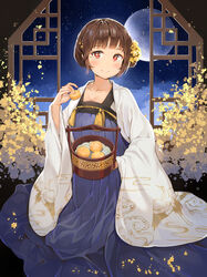  absurdres animal_print bird bird_print blunt_bangs breasts brown_hair bucket chinese_clothes chinese_commentary cleavage collarbone commentary_request crane_(animal) female food full_moon hanfu highres holding holding_food looking_at_viewer mid-autumn_festival mole mole_under_eye moon mooncake night night_sky qixiong_ruqun red_eyes ruqun sayagata short_hair situmey sky smile solo star-shaped_pupils star_(symbol) symbol-shaped_pupils traditional_clothes warship_girls_r wide_sleeves window wooden_bucket yat_sen_(warship_girls_r) 