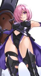  armor armored_dress bare_shoulders black_thighhighs blush breasts cameltoe fate/grand_order fate_(series) female hair_over_one_eye highres looking_at_viewer lord_camelot_(fate) mash_kyrielight medium_breasts navel oliver_koito pink_hair purple_eyes shield short_hair signature simple_background smile solo teeth thighhighs white_background 