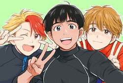  3boys :d ;d black_hair blonde_hair brown_eyes brown_hair commentary_request double_v freckles grey_eyes jacket ji_guang-hong male_focus minami_kenjirou multicolored_hair multiple_boys oerba_yun_fang one_eye_closed open_mouth phichit_chulanont red_hair selfie smile takeshi_(mononohu20) track_jacket two-tone_hair upper_body v v_over_eye yuri!!!_on_ice 