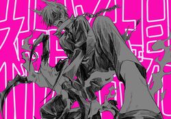  animal_collar animal_ears black_hair black_necktie business_suit chains claws collar commentary_request dog_ears fangs female formal fusion high_heels highres kondo_(phantom_seer) monochrome monster_girl mtmt0502_02 necktie on_one_knee phantom_seer pink_background protected_link short_hair solo suit transformation 