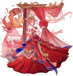  ark_order artist_request bird bow bracelet breasts curtains detached_collar detached_sleeves double_bun dress dress_bow female fenghuang_(ark_order) fire full_body gem gold_trim hair_bun hair_ornament hair_rings hair_stick highres jewelry large_breasts official_alternate_costume official_art phoenix red_bow red_dress red_hair ring sidelocks sleeveless sleeveless_dress solo tachi-e transparent_background 